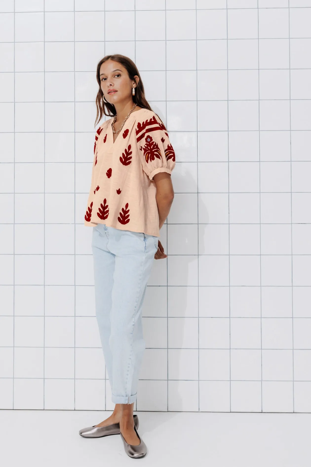 Promod Blouse brodée en coton Femme - Beige New
