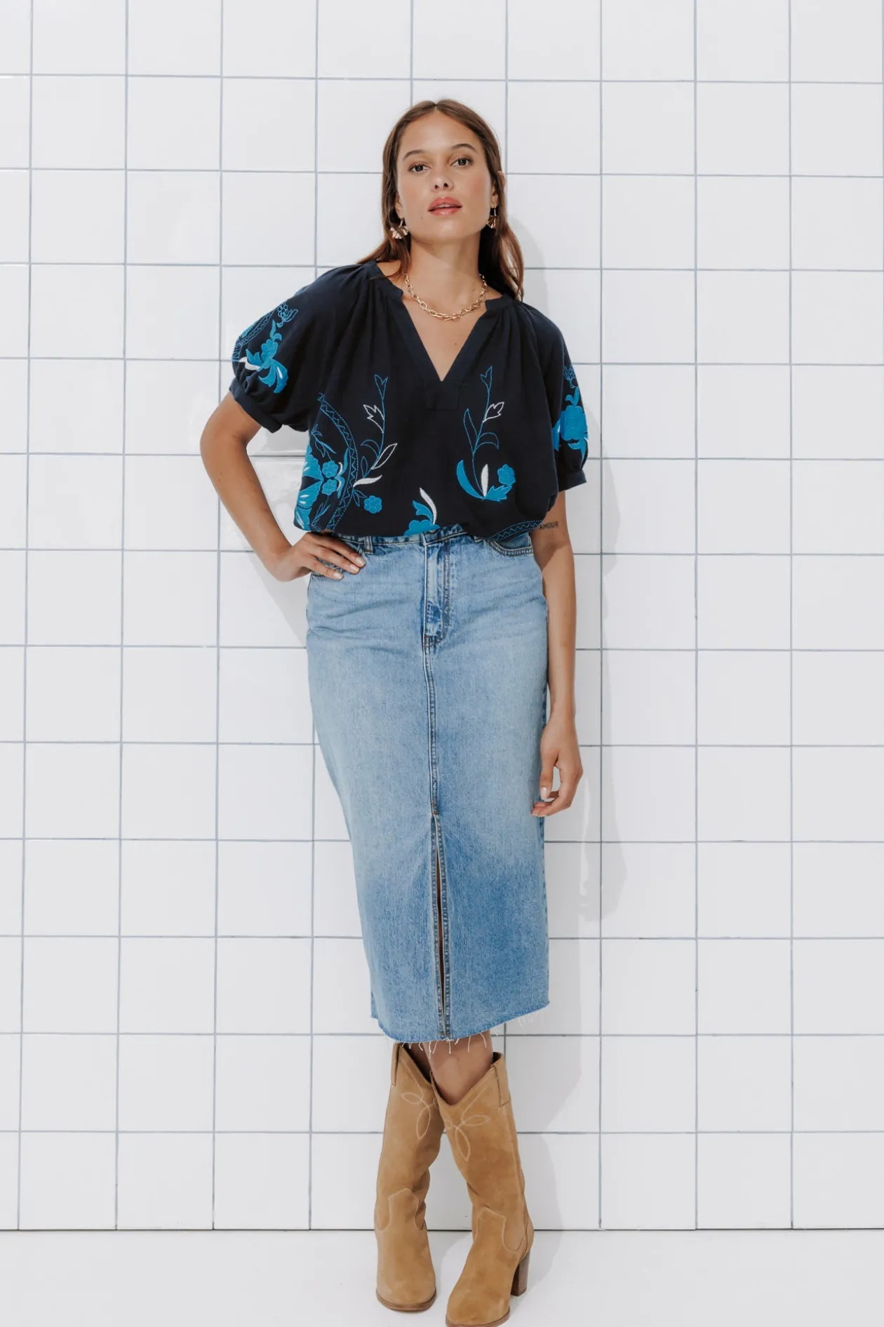 Promod Blouse brodée en coton Femme - Marine Store