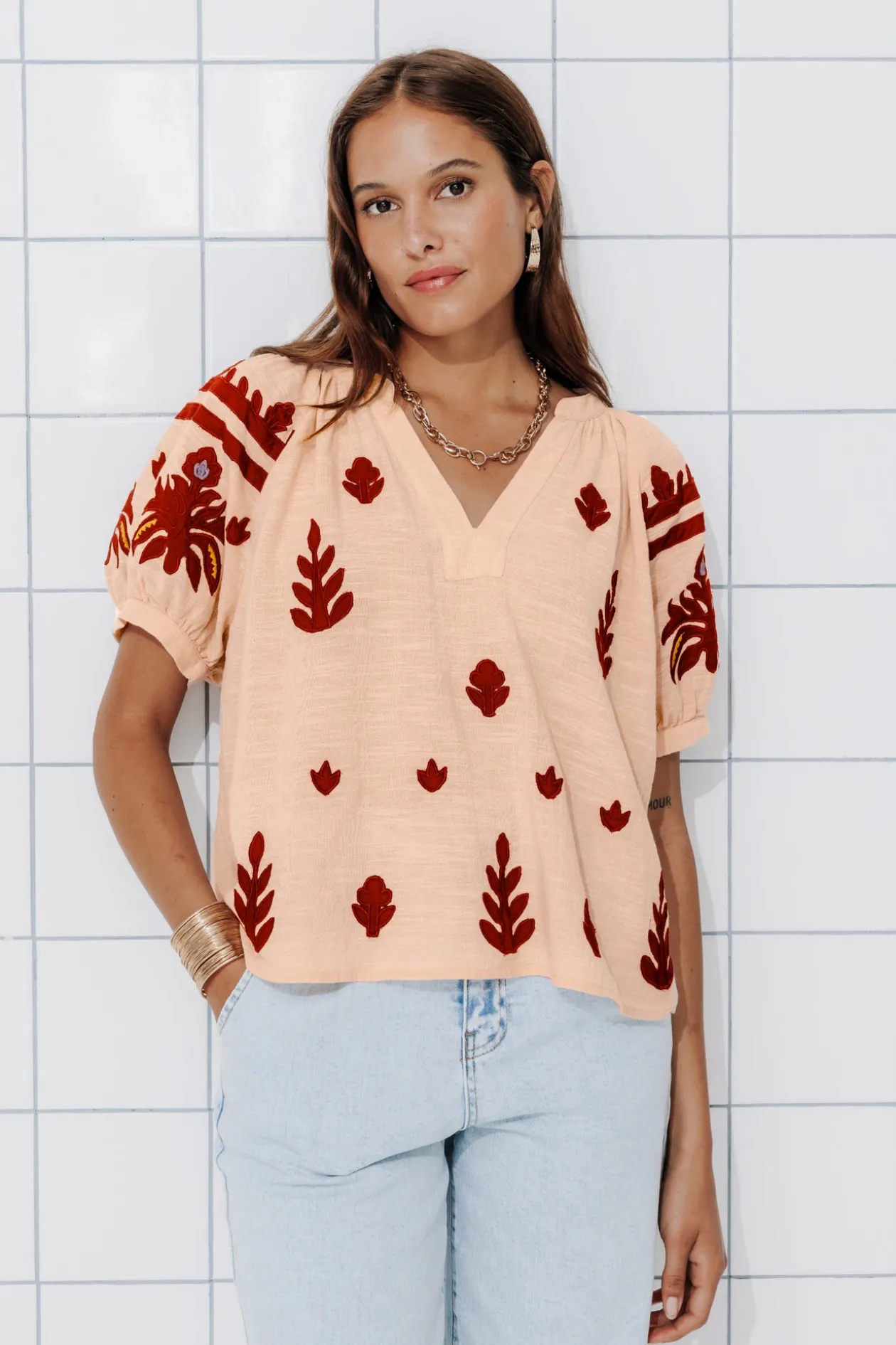 Promod Blouse brodée en coton Femme - Beige New