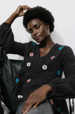 Promod Blouse brodée et perlée Femme - Noir Hot