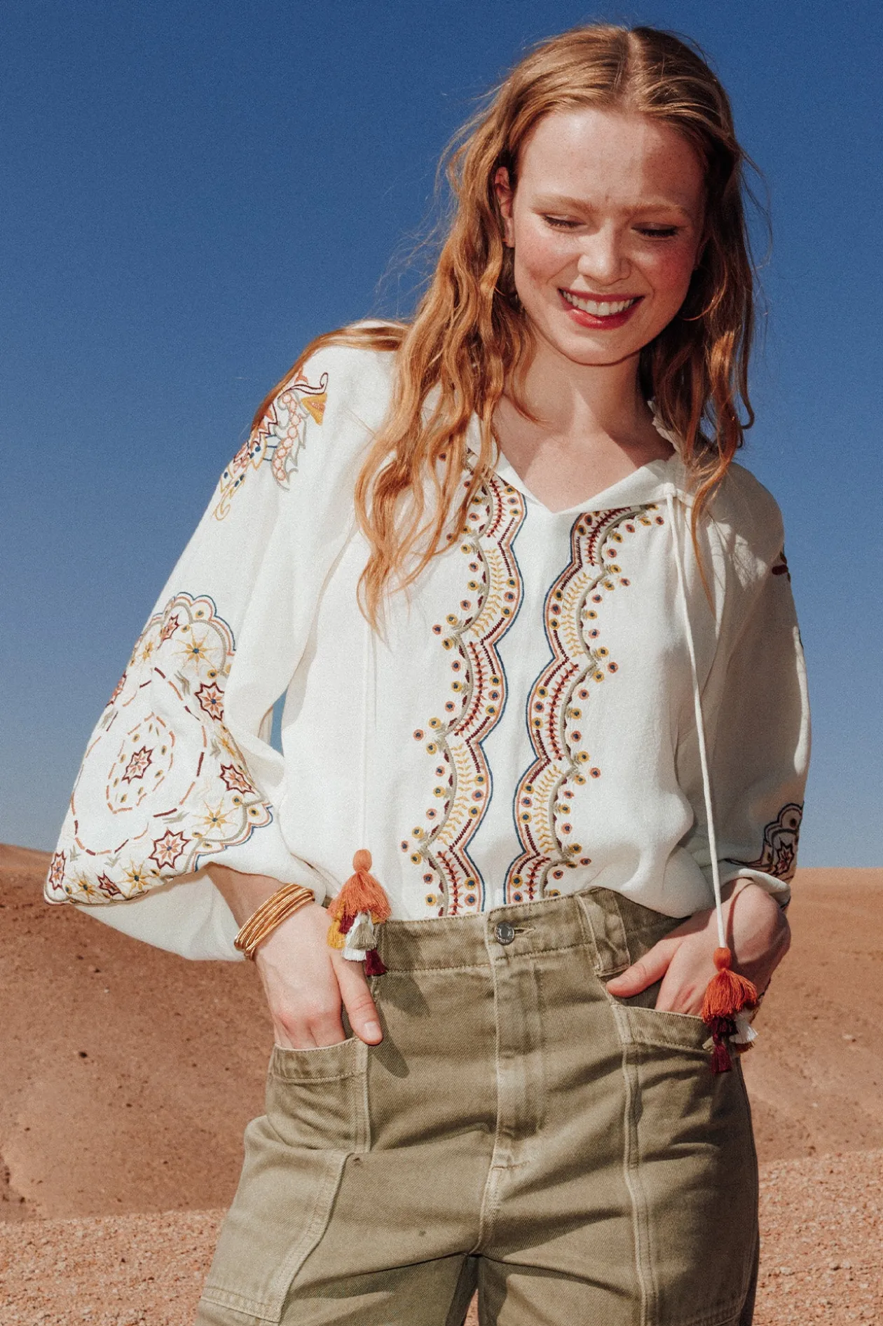 Promod Blouse folk brodée Femme - Ecru Hot