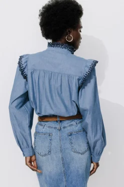 Promod Chemise brodée volantée Femme - Jean moyen Jeanmoyen Discount