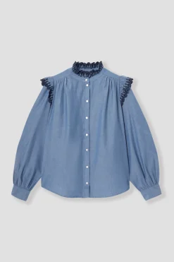 Promod Chemise brodée volantée Femme - Jean moyen Jeanmoyen Discount