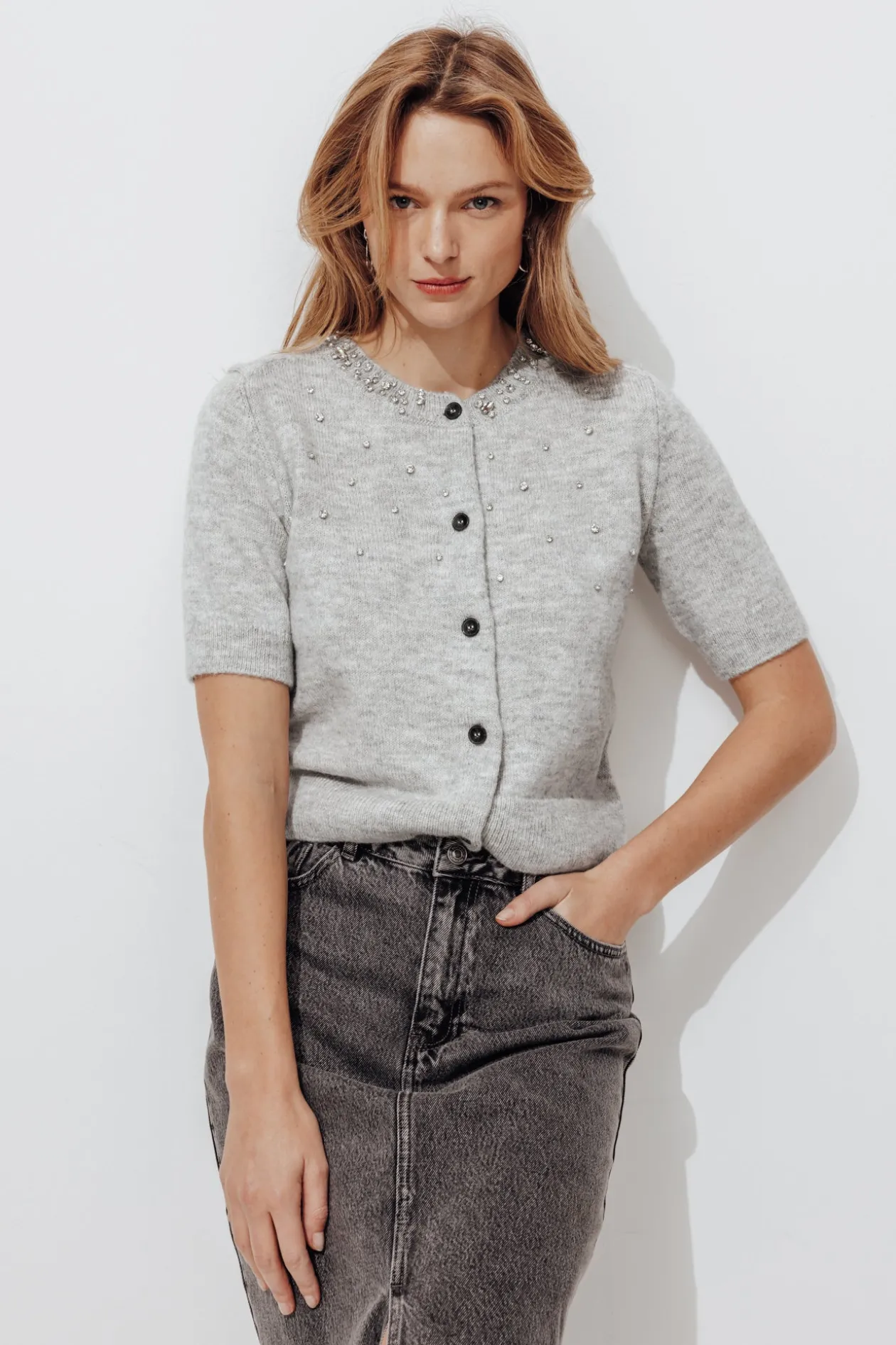 Promod Gilet strassé manches courtes - Gris clair Grisclair New