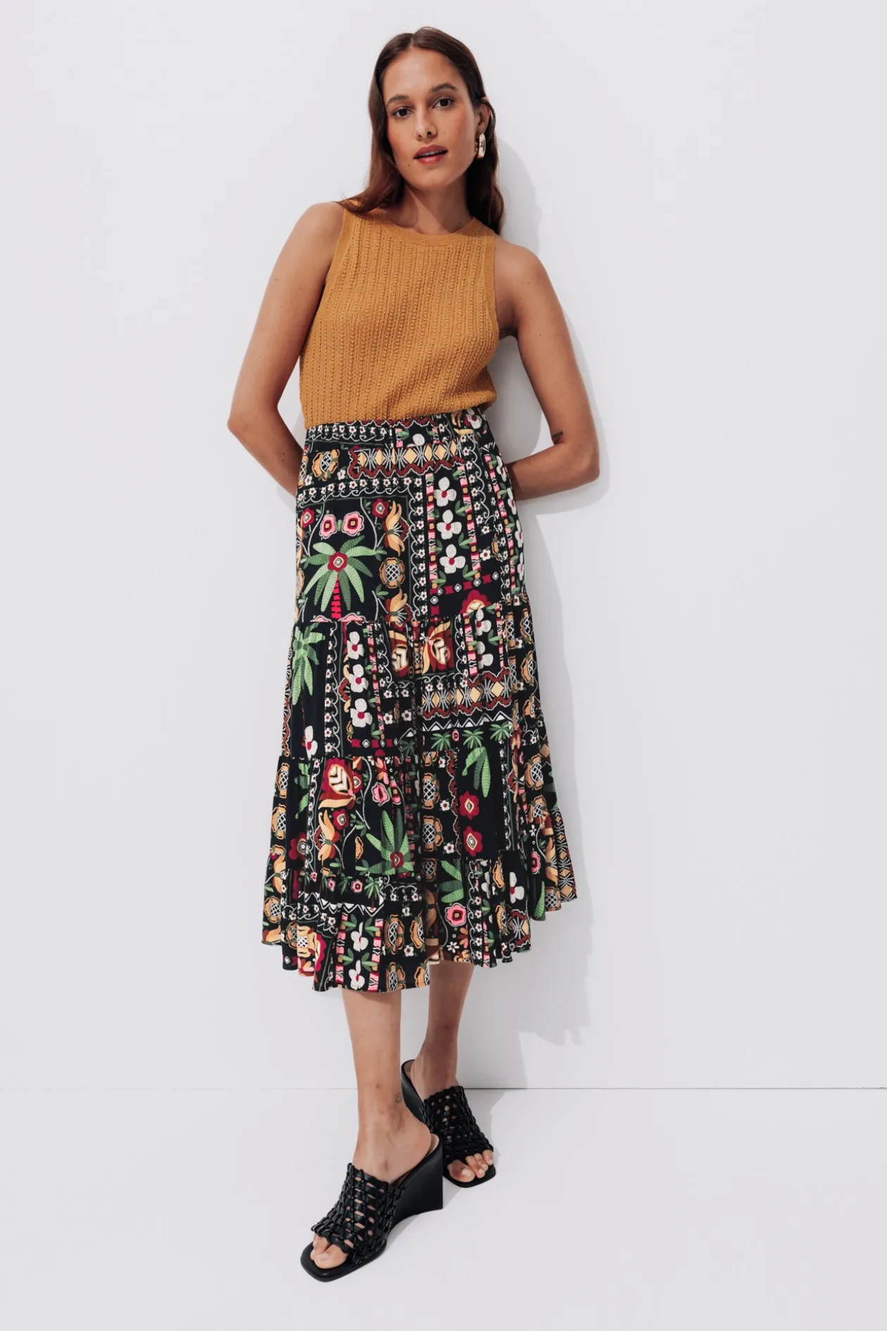 Promod Jupe mi-longue imprimée Femme - Imprimé noir Impriménoir Hot