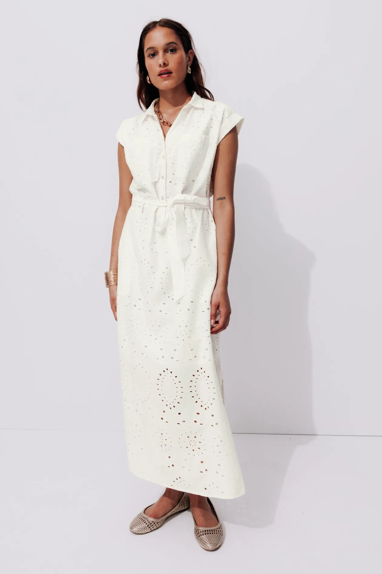 Promod Longue robe broderie anglaise - Ecru Sale