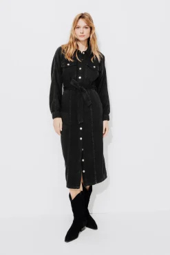Promod Longue robe en jean Femme - Noir Discount