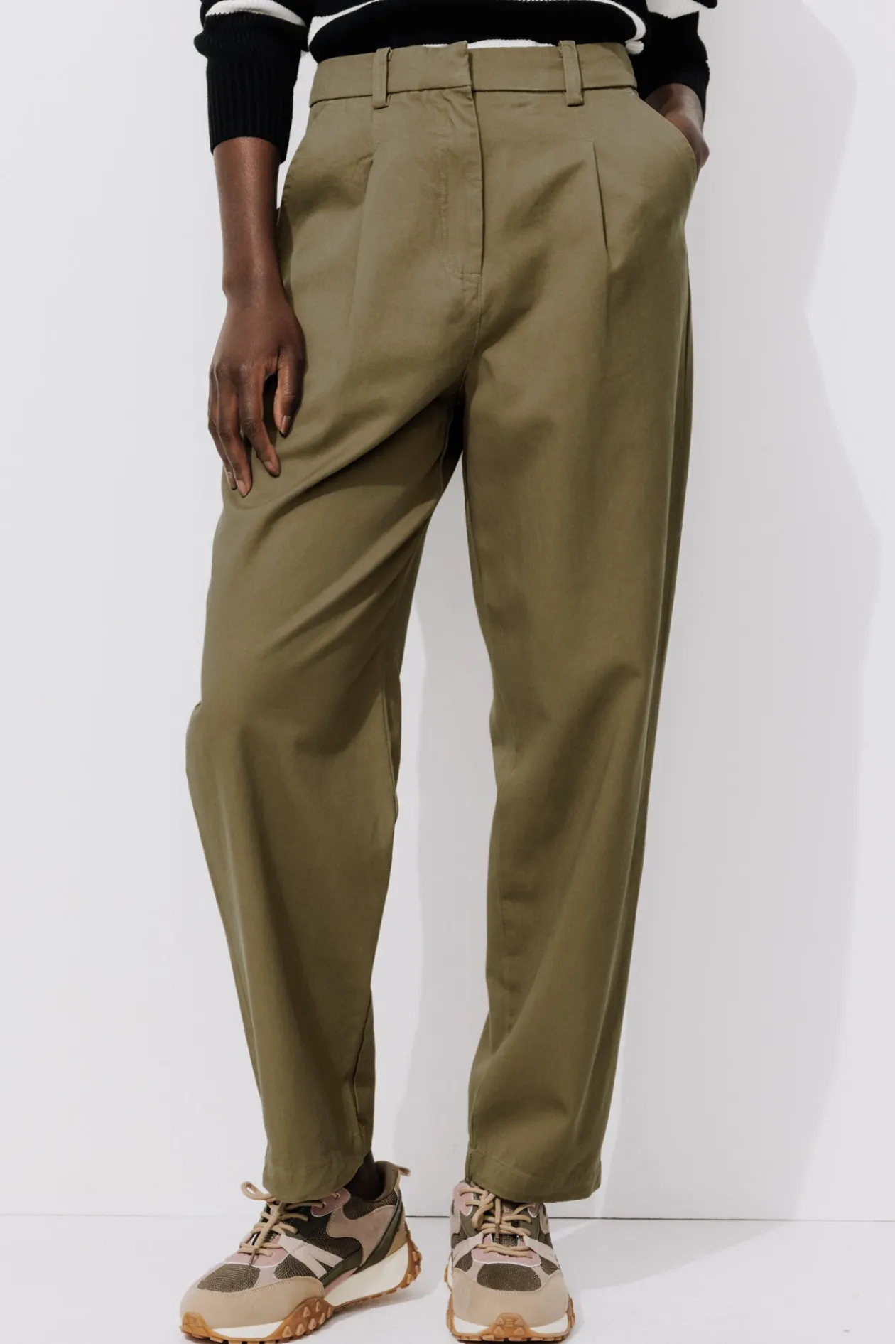 Promod Pantalon chino à pinces Femme - Kaki Flash Sale