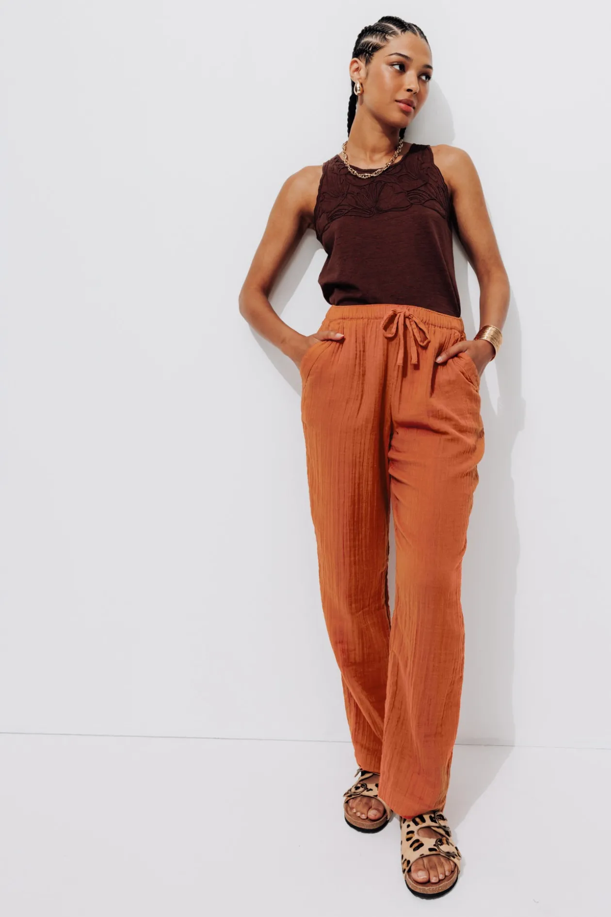 Promod Pantalon en gaze de coton - Terre de sienne Terredesienne Shop