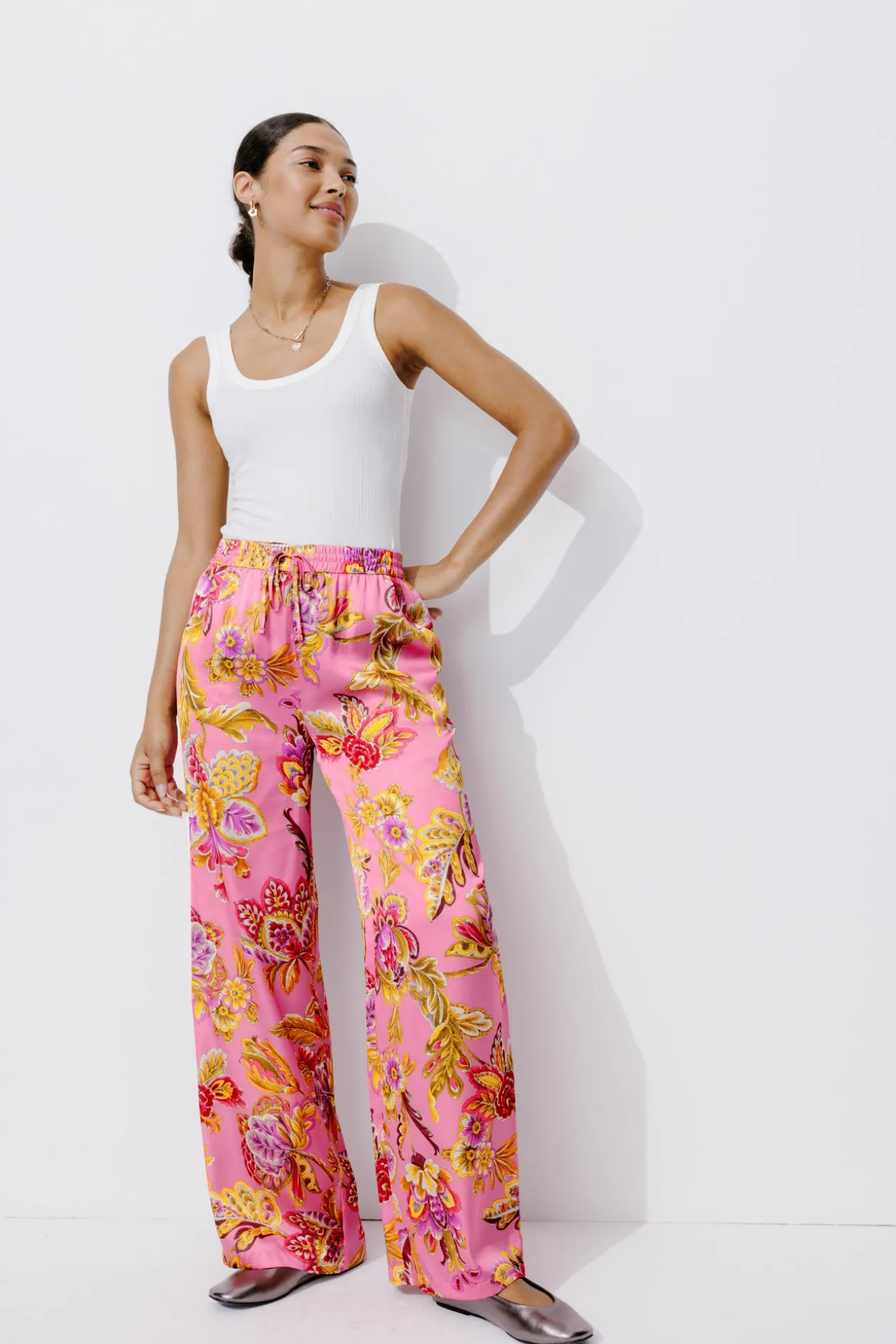 Promod Pantalon large en satin Femme - Imprimé rose Imprimérose Online