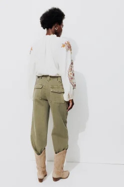 Promod Pantalon large en toile Femme - Kaki Cheap