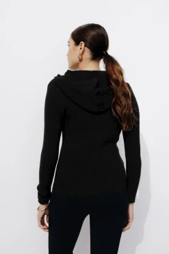 Promod Pull côtelé à capuche Femme - Noir Clearance