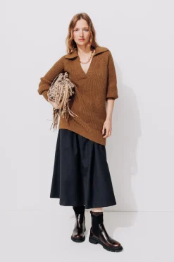 Promod Pull côtelé col vareuse Femme - Camel Cheap