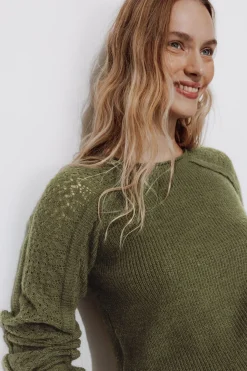 Promod Pull maille dentelle Femme - Vert olive Vertolive Best Sale
