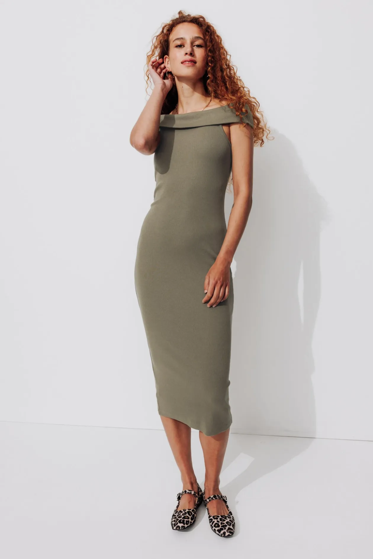 Promod Robe à col Bardot Femme - Kaki Cheap