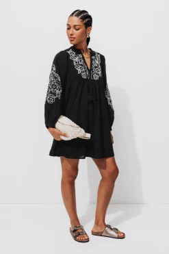 Promod Robe courte brodée Femme - Noir Discount