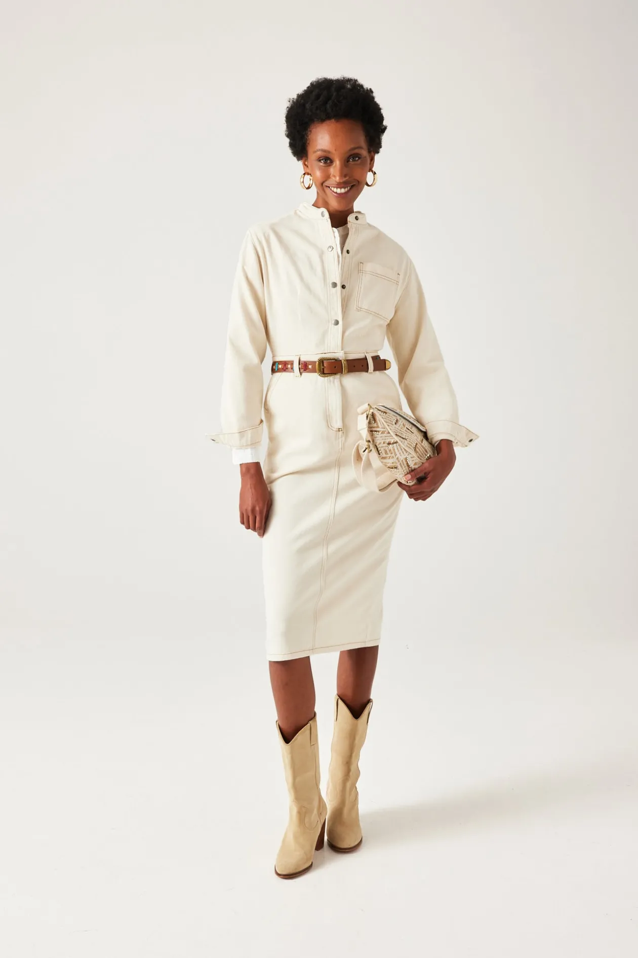 Promod Robe en toile mi-longue Femme - Ecru Online