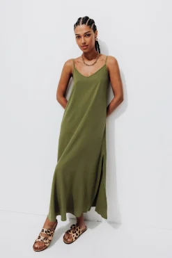 Promod Robe longue à bretelles Femme - Kaki Fashion
