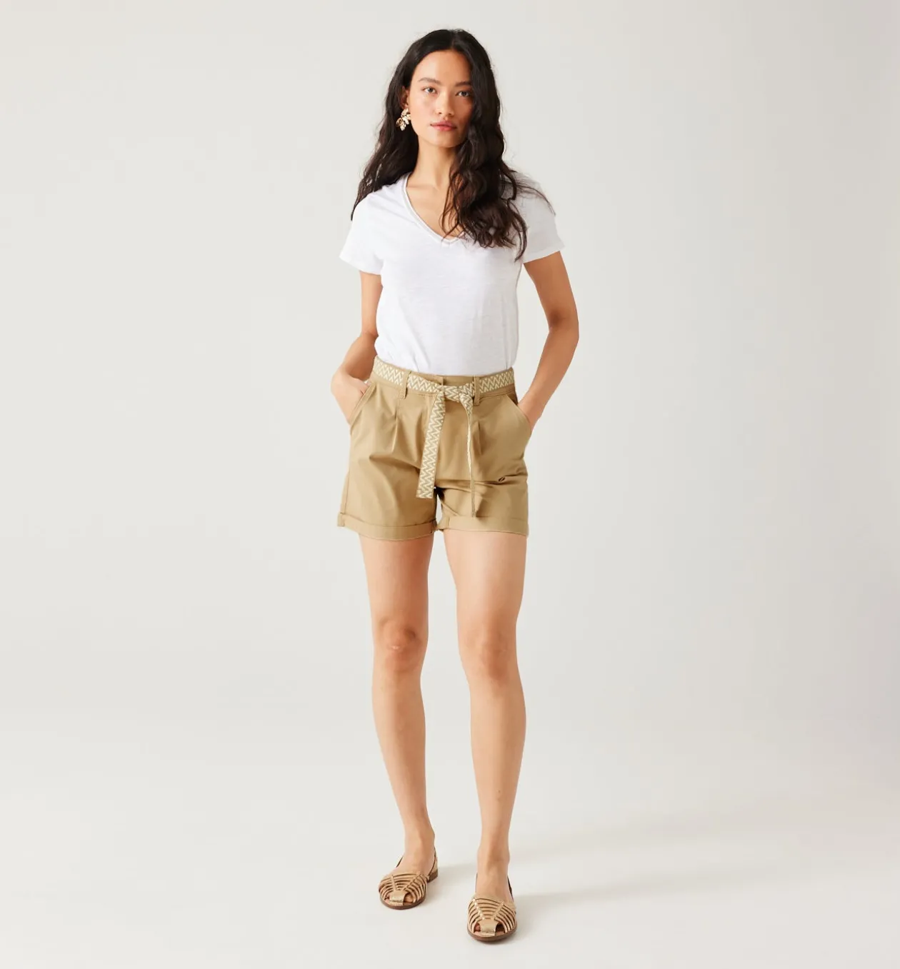 Promod Short à pinces + ceinture - Ecru Flash Sale