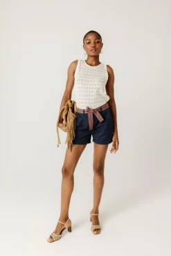 Promod Short à pinces ceinturé - Marine Cheap