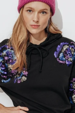 Promod Sweat-shirt à capuche brodé - Imprimé noir Impriménoir Fashion