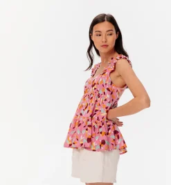 Promod Top évasé volanté Femme - Imprimé rose Imprimérose Discount