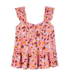 Promod Top évasé volanté Femme - Imprimé rose Imprimérose Discount