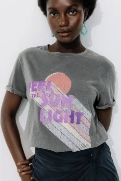 Promod T-shirt à message pailleté - Imprimé multicolore Imprimémulticolore Fashion