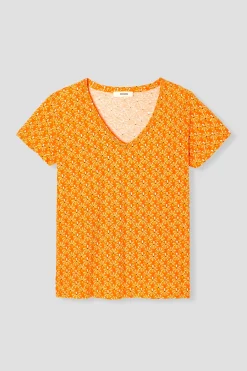 Promod T-shirt col V Femme - Imprimé orange Impriméorange Store