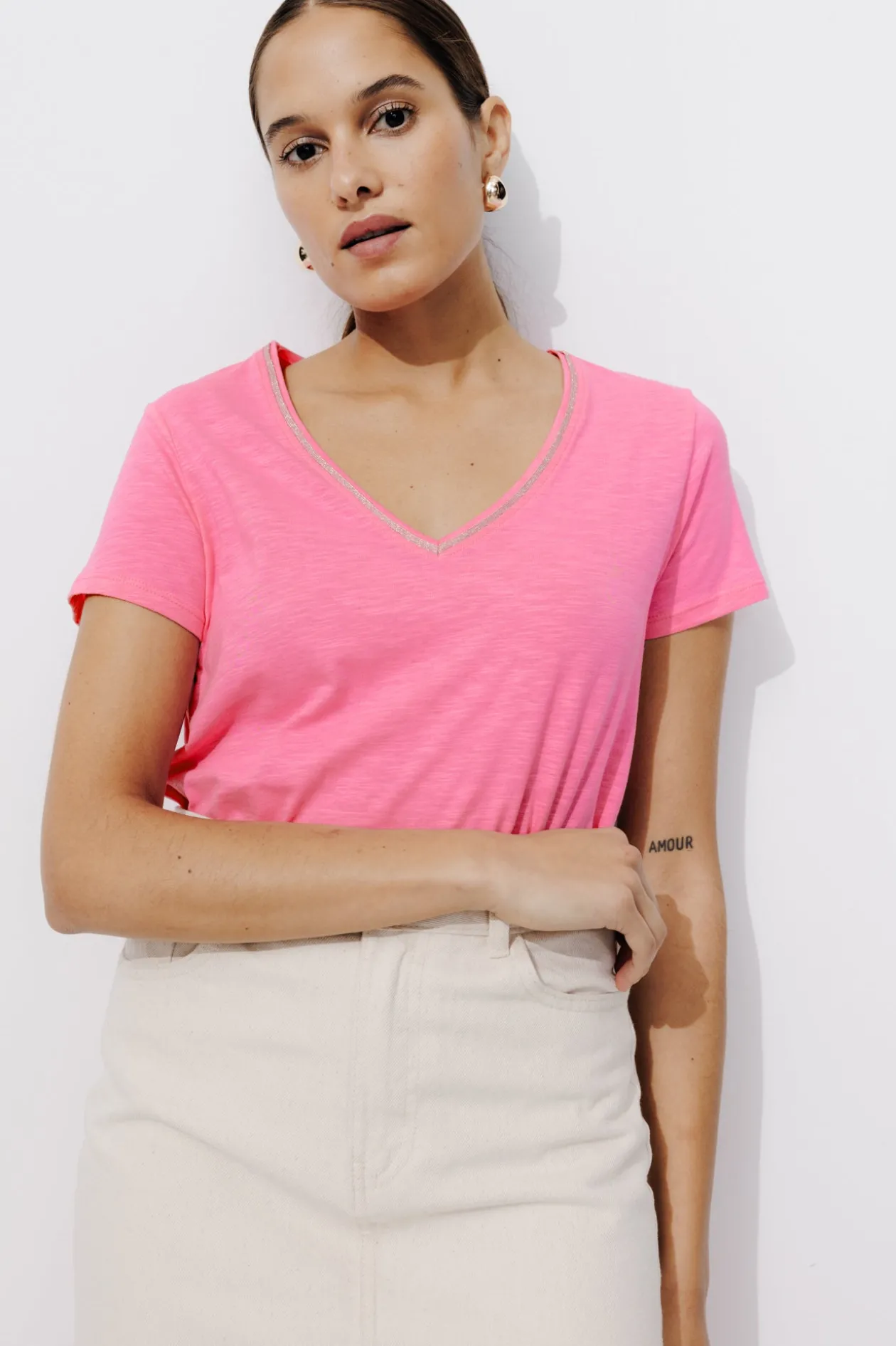 Promod T-shirt col V Femme - Rose Cheap