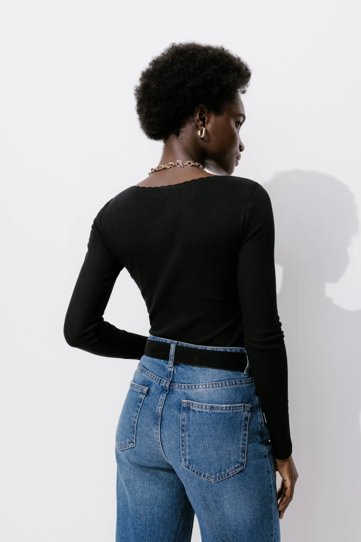 Promod T-shirt côtelé détail dentelle - Noir Discount