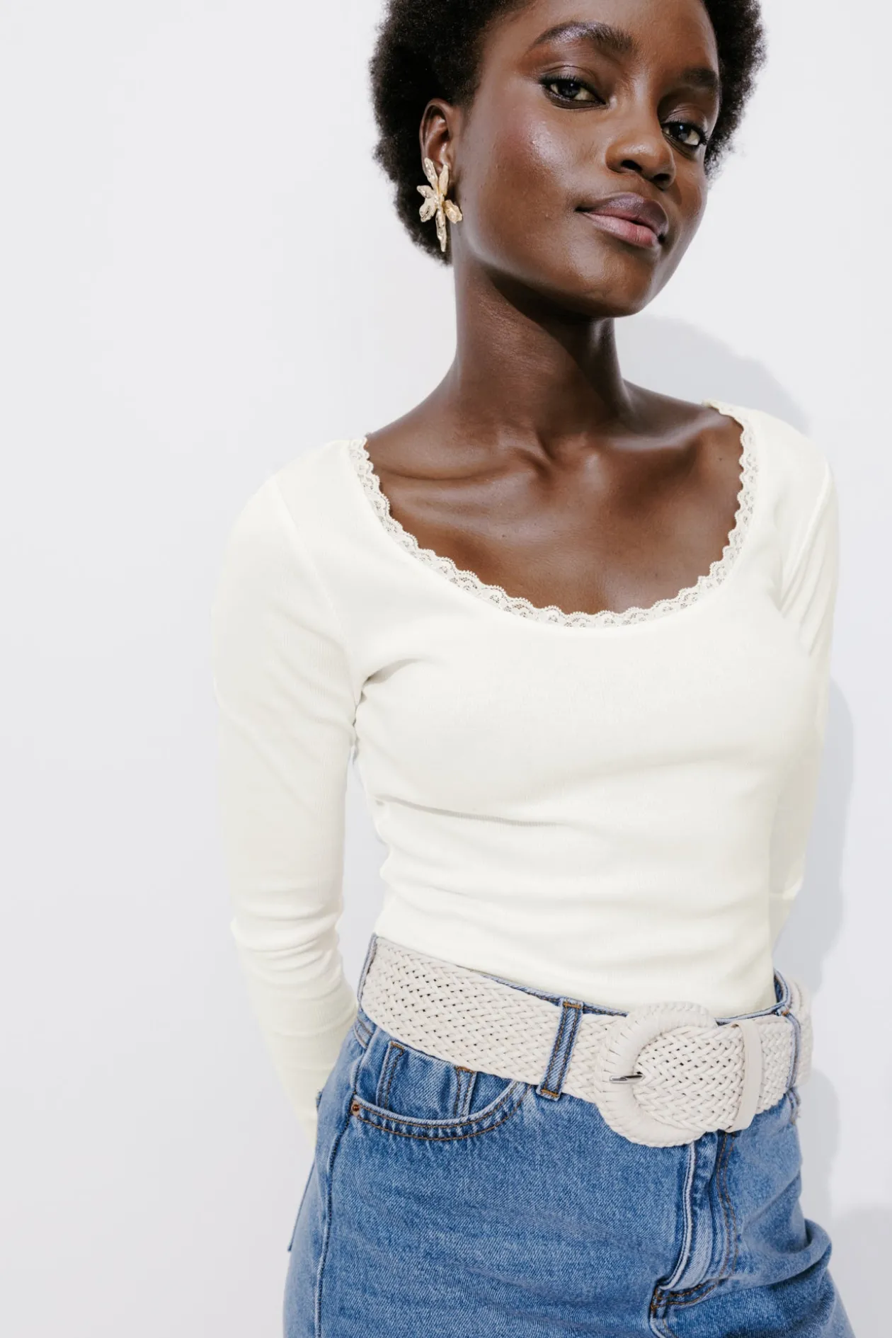 Promod T-shirt côtelé détail dentelle - Ecru Sale