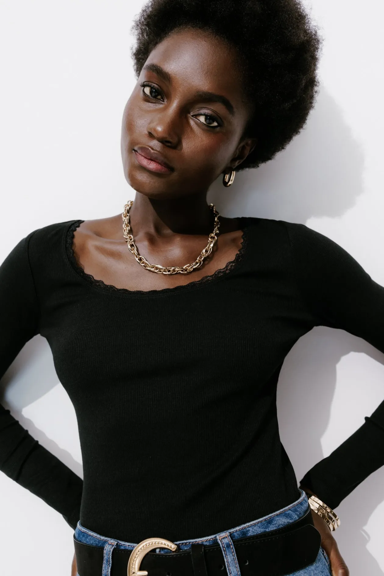 Promod T-shirt côtelé détail dentelle - Noir Discount