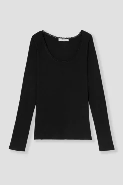 Promod T-shirt côtelé détail dentelle - Noir Discount