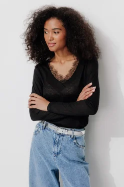 Promod T-shirt détail dentelle Femme - Noir Best