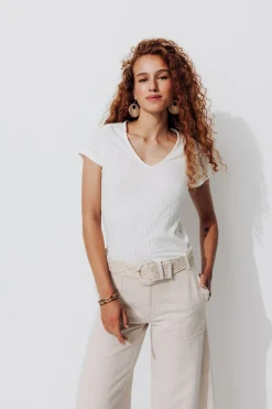 Promod T-shirt fantaisie col V Femme - Ecru Best Sale