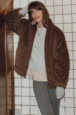 Promod Veste matelassée en velours - Marron Cheap