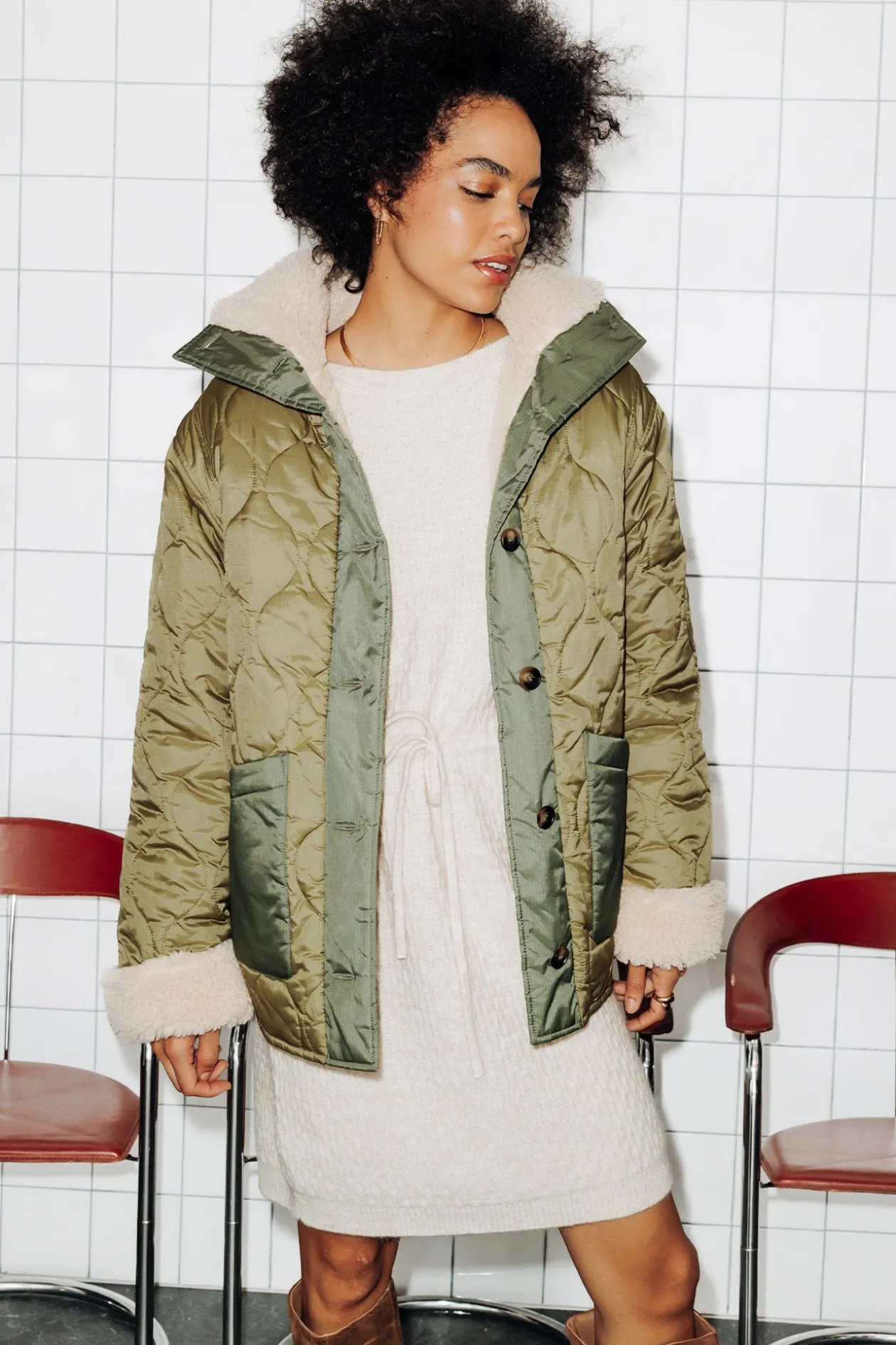 Promod Veste matelassée et moumoute - Kaki Cheap